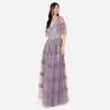 Maya Deluxe Women&rsquo;s Maxi Dress Ladies V-necksequin Embellished Ruffle Detail for Wedding Guest Bridesmaid Prom Occasion Ball Gown Femme(Moody Lilas)