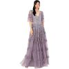 Maya Deluxe Women&rsquo;s Maxi Dress Ladies V-necksequin Embellished Ruffle Detail for Wedding Guest Bridesmaid Prom Occasion Ball Gown Femme(Moody Lilas)