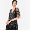 Maya Deluxe Women&rsquo;s Maxi Dress Ladies V-necksequin Embellished Ruffle Detail for Wedding Guest Bridesmaid Prom Occasion Ball Gown Femme(Noir)