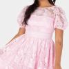 Maya Deluxe Women&rsquo;s Midaxi Dress Ladies Floral Lace Round Neck Short Puff Sleeves Lace-up Back A-Line Wedding Guest Prom Occasion Robe Femme(Rose)