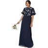 Maya Deluxe Women&rsquo;s Maxi Dress Ladies Short Angel Sleeve Round Neck Floral Sequin Embellished A-Line for Wedding Guest Ball Gown Robe Femme(Navy Blue)