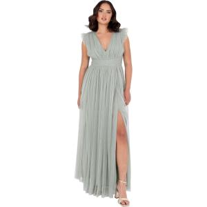 Anaya with Love Women&rsquo;s Maxi Dress Ladies V-Neck Short Sleeve Split Tulle A-Line for Wedding Guest Bridesmaid Evening Occasion Ball Gown Femme(Frosty Green)