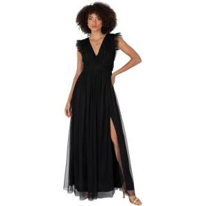 Anaya with Love Women&rsquo;s Maxi Dress Ladies V-Neck Short Sleeve Split Tulle A-Line for Wedding Guest Bridesmaid Evening Occasion Ball Gown Femme(Noir)