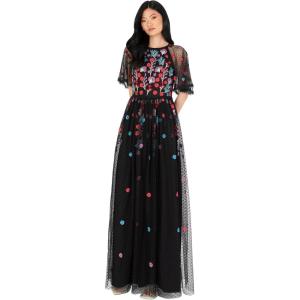 Maya Deluxe Damen Women&rsquo;s Maxi Ladies Ball Gown for Wedding Guest Short Sleeve Polka Dot Floral Sequin Embellished Prom Occasion Dress(Noir)