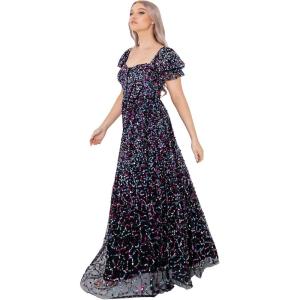 Maya Deluxe Ladies Maxi Dress for Women Sequin Embellishment Short Puffed Sleeves Sweatheart Neckline High Waist Long Navy Robe Femme(Noir)