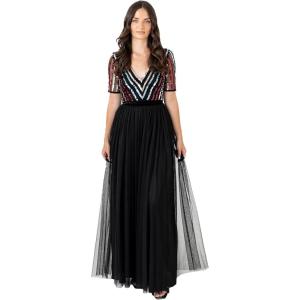 Maya Deluxe Maxi Womens Dress Ladies Ball Gown for Wedding Guest Long V Neck Empire Waist Short Sleeve Prom Mesh Black Robe Formelle Femme(Noir)