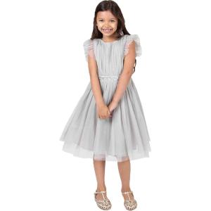Maya Deluxe Midi Dress for Girls Sequins Embellished Birthday Party Frill Short Sleeves Bridesmaids Wedding Robe de Demoiselle d&rsquo;honneur Fille(Soft Grey)