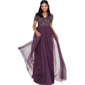 Maya Deluxe Robe de Soirée Femme Maxi, à Manches Courtes, Taille Empire, Robe Demoiselle d&rsquo;honneur, pour Bal, Mariages(Berry)