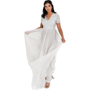 Maya Deluxe Robe de Soirée Femme Maxi, à Manches Courtes, Taille Empire, Robe Demoiselle d&rsquo;honneur, pour Bal, Mariages(Gris Clair)