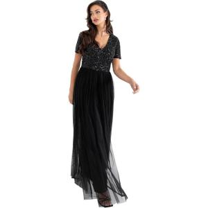 Maya Deluxe Robe de Soirée Femme Maxi, à Manches Courtes, Taille Empire, Robe Demoiselle d&rsquo;honneur, pour Bal, Mariages(Noir)