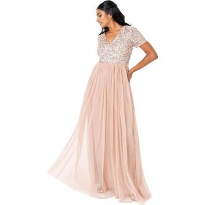 Maya Deluxe Robe de Soirée Femme Maxi, à Manches Courtes, Taille Empire, Robe Demoiselle d&rsquo;honneur, pour Bal, Mariages(Taupe)