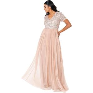 Maya Deluxe Robe de Soirée Femme Maxi, à Manches Courtes, Taille Empire, Robe Demoiselle d&rsquo;honneur, pour Bal, Mariages(Taupe Blush)