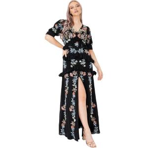 Maya Deluxe Womens Dress for Ladies Maxi Short Sleeve Floral Embellishment Wedding Guest Prom Bridesmaid Elegant Black Robes Femme(Noir)