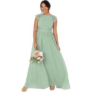 Maya Deluxe Women&rsquo;s Ladies Maxi Dress Crew Neckline Short Flutter Sleeve Lace Trim A-Line for Wedding Guest Evening Prom Ball Gown Robe Femme (Lot de 1)(Deep Sage)