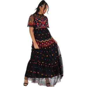 Maya Deluxe Women&rsquo;s Ladies Maxi Dress Short Sleeve High Neck Embroidered Ruffle Frilly Tulle A-Line for Occasion Evening Ball Gown Femme(Noir)