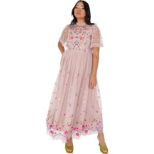 Maya Deluxe Women&rsquo;s Ladies Midaxi Dress Short Sleeve Ruffle High Neck Embroidered A-Line for Wedding Guest Occasion Prom Ball Gown Robe Femme(Frosted Pink)