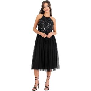 Maya Deluxe Womens Ladies Midi Dress with Halter Neck Tulle for Evening Graduation Prom Wedding Bridesmaids Ball Gown Robe de Demoiselle d&rsquo;honneur Femme(Noir)