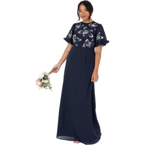 Maya Deluxe Women&rsquo;s Maxi Dress Ladies Short Angel Sleeve Round Neck Floral Sequin Embellished A-Line for Wedding Guest Ball Gown Robe Femme(Navy Blue)