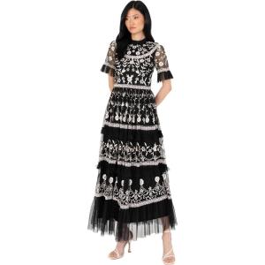 Maya Deluxe Women&rsquo;s Midi Dress Ladies Ruffle Frilly Floral Embroidered Tiered Ball Gown for Wedding Guest Prom Evening Occasion(Noir)
