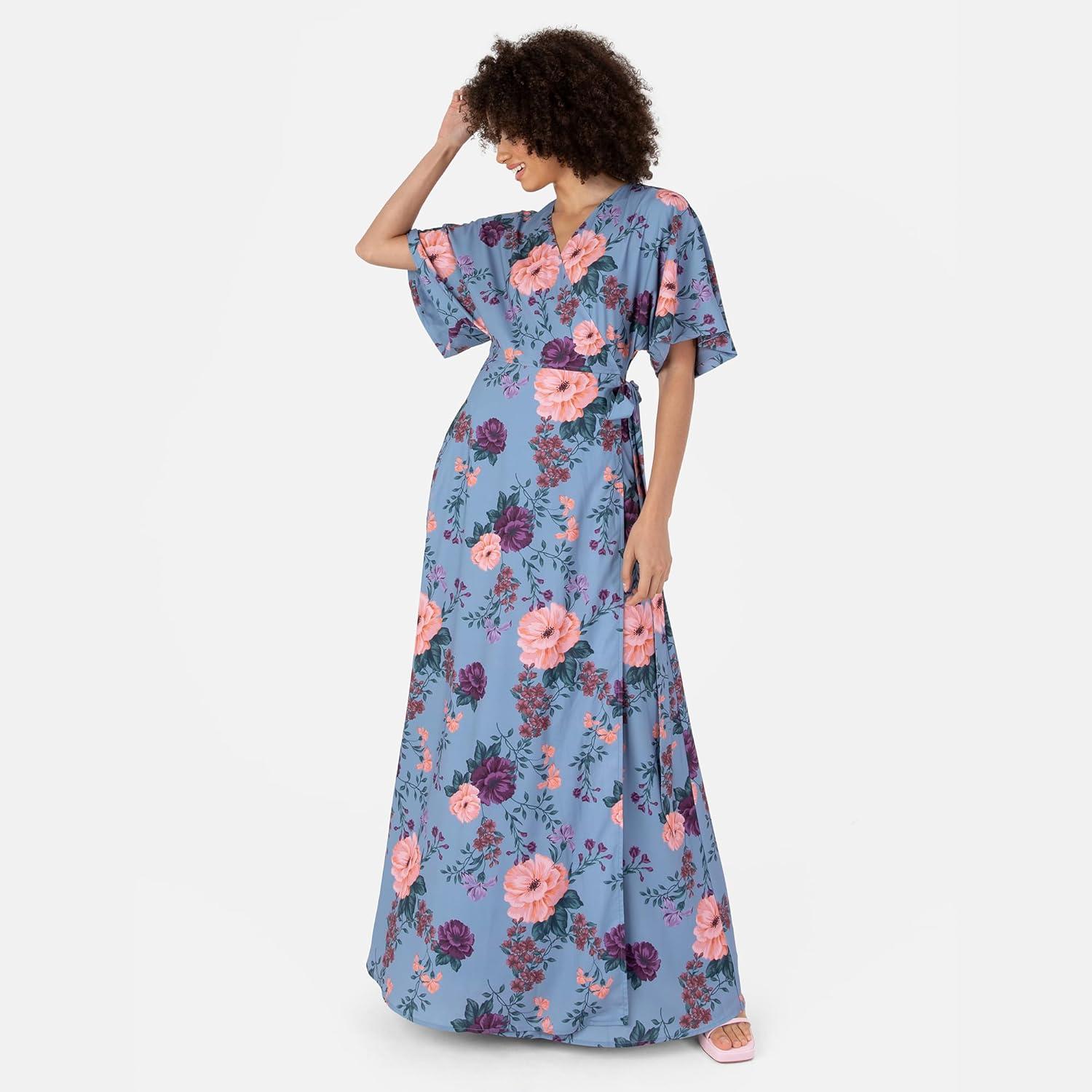 imageAnaya with Love Womens Maxi Dress Ladies Wrap Short Angel Sleeves VNeck Floral Waist Tie for Wedding Guest Occasion Evening Prom Ball Robe Femme Lot de 1Bleu