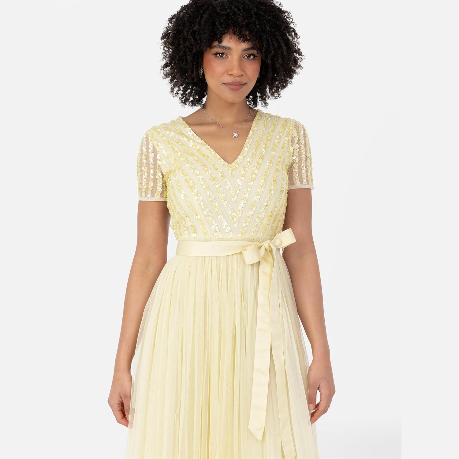imageMaya Deluxe Maya Deluxe Misty Green Robe Longue Rayures Manches Courtes Robe de Demoiselle dhonneur FemmeCitron
