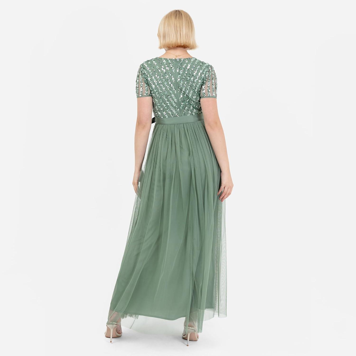 imageMaya Deluxe Maya Deluxe Misty Green Robe Longue Rayures Manches Courtes Robe de Demoiselle dhonneur FemmeDeep Mint