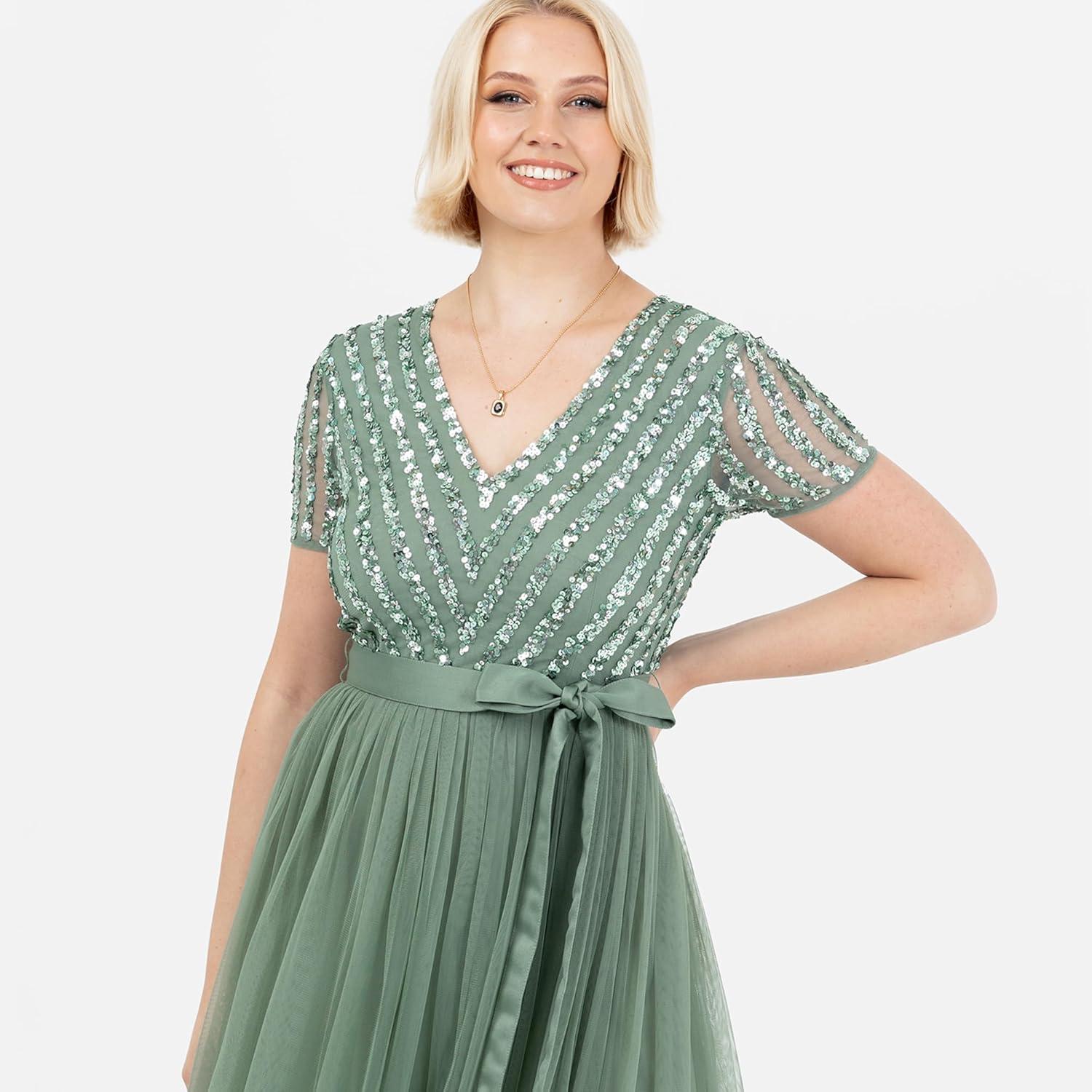 imageMaya Deluxe Maya Deluxe Misty Green Robe Longue Rayures Manches Courtes Robe de Demoiselle dhonneur FemmeDeep Mint