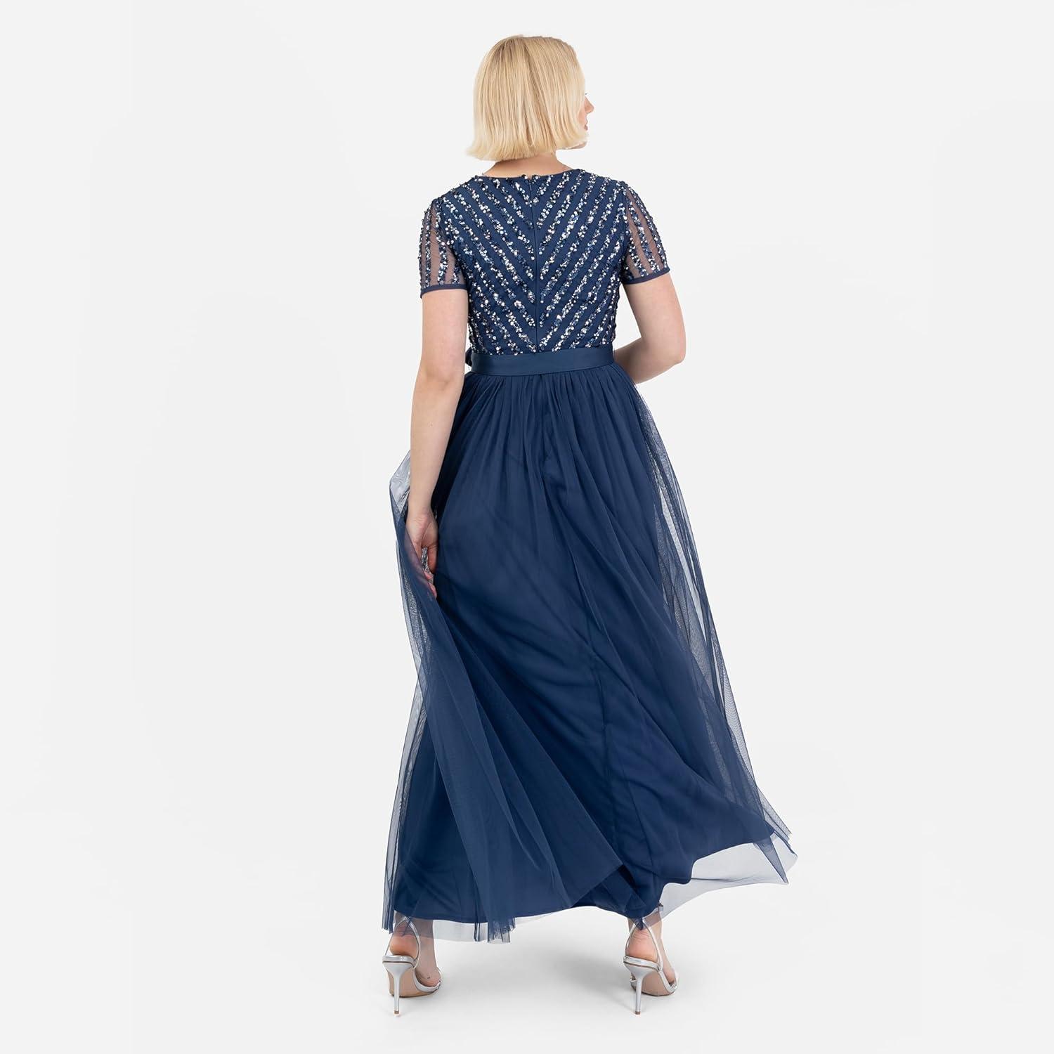 imageMaya Deluxe Maya Deluxe Misty Green Robe Longue Rayures Manches Courtes Robe de Demoiselle dhonneur FemmeFrench Navy