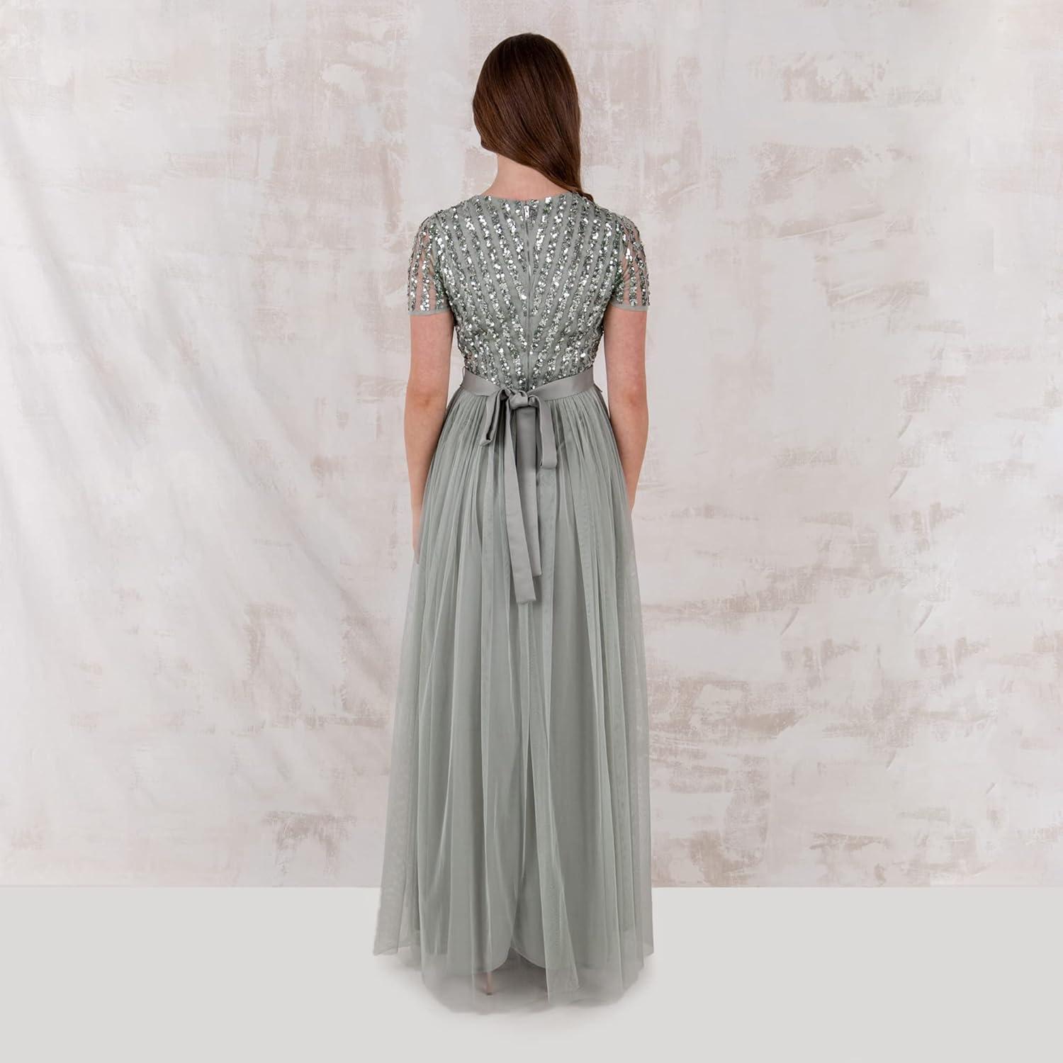 imageMaya Deluxe Maya Deluxe Misty Green Robe Longue Rayures Manches Courtes Robe de Demoiselle dhonneur FemmeLys Vert