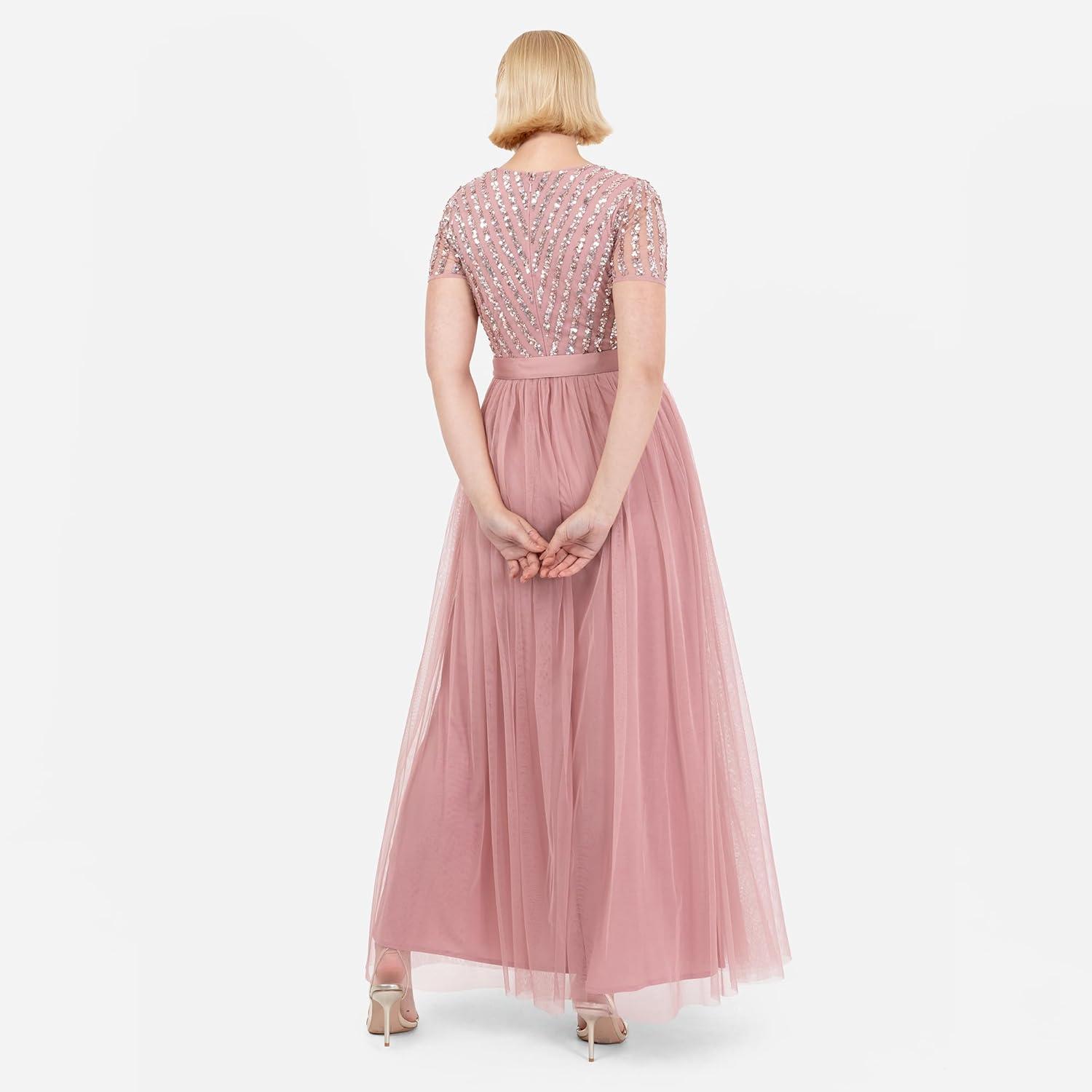 imageMaya Deluxe Maya Deluxe Misty Green Robe Longue Rayures Manches Courtes Robe de Demoiselle dhonneur FemmeVinatge Rose