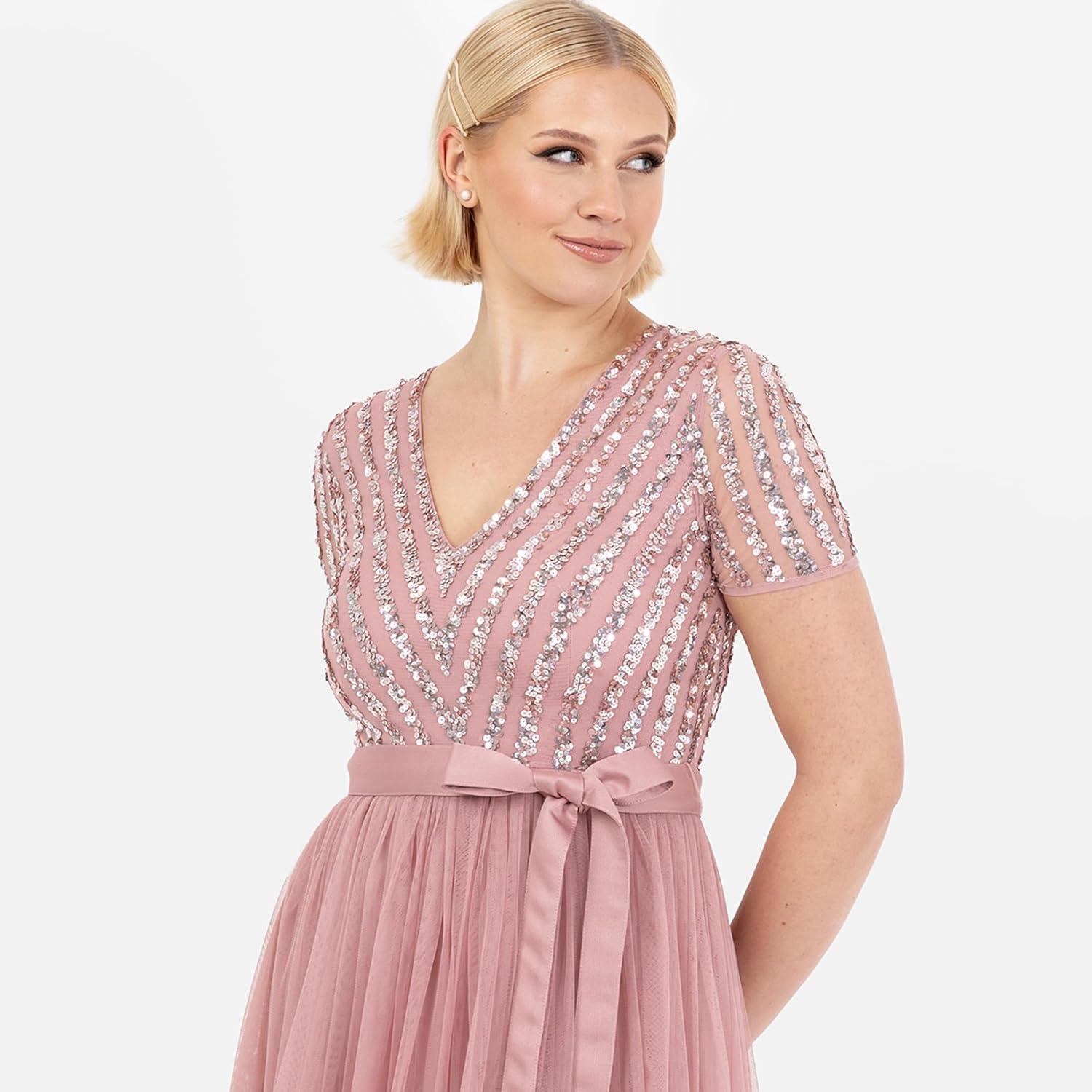imageMaya Deluxe Maya Deluxe Misty Green Robe Longue Rayures Manches Courtes Robe de Demoiselle dhonneur FemmeVinatge Rose