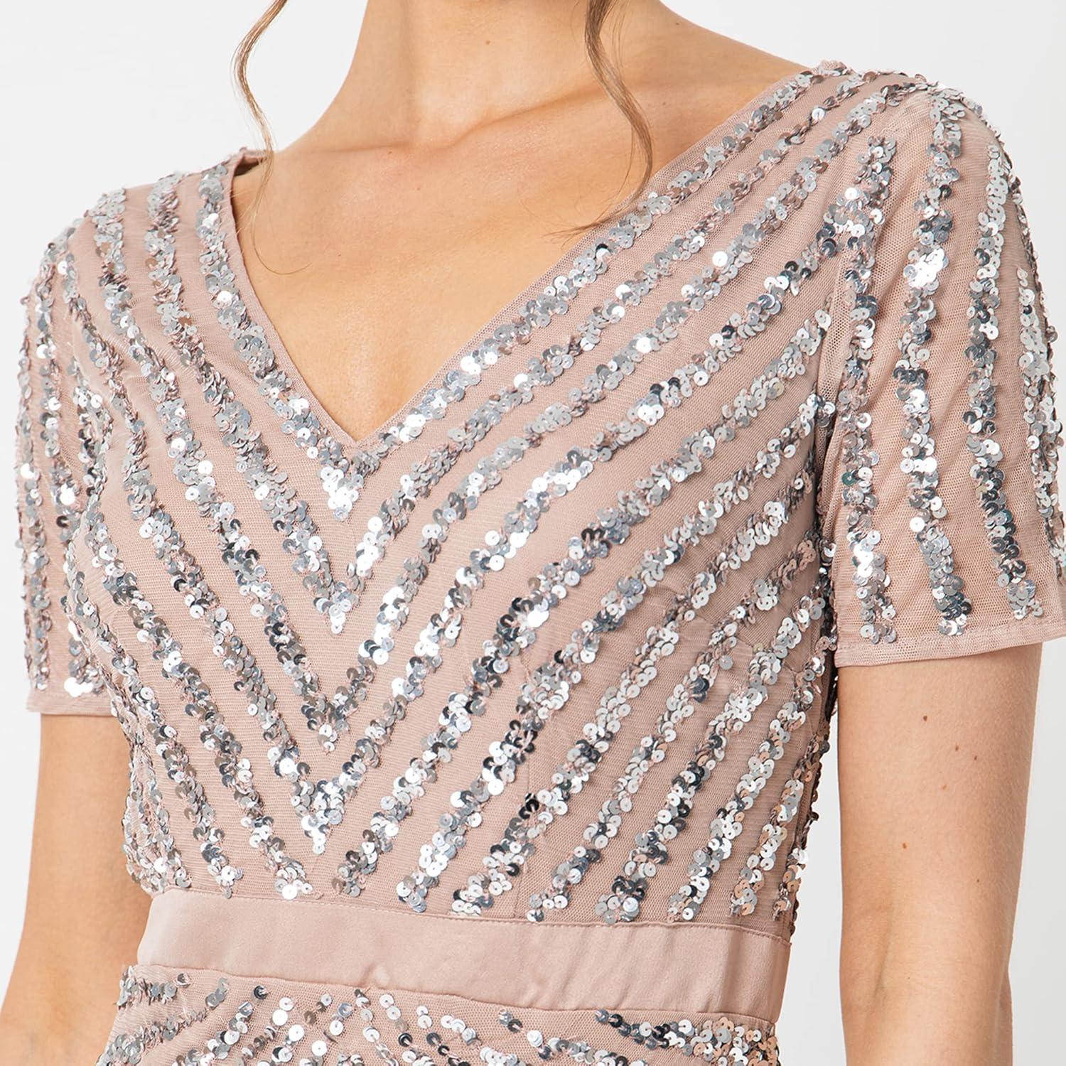 imageMaya Deluxe Robe de Soire Femme Maxi Paillettes Taille Haute Empire Col V pour Bal de Promo Mariage MarieBlush Taupe