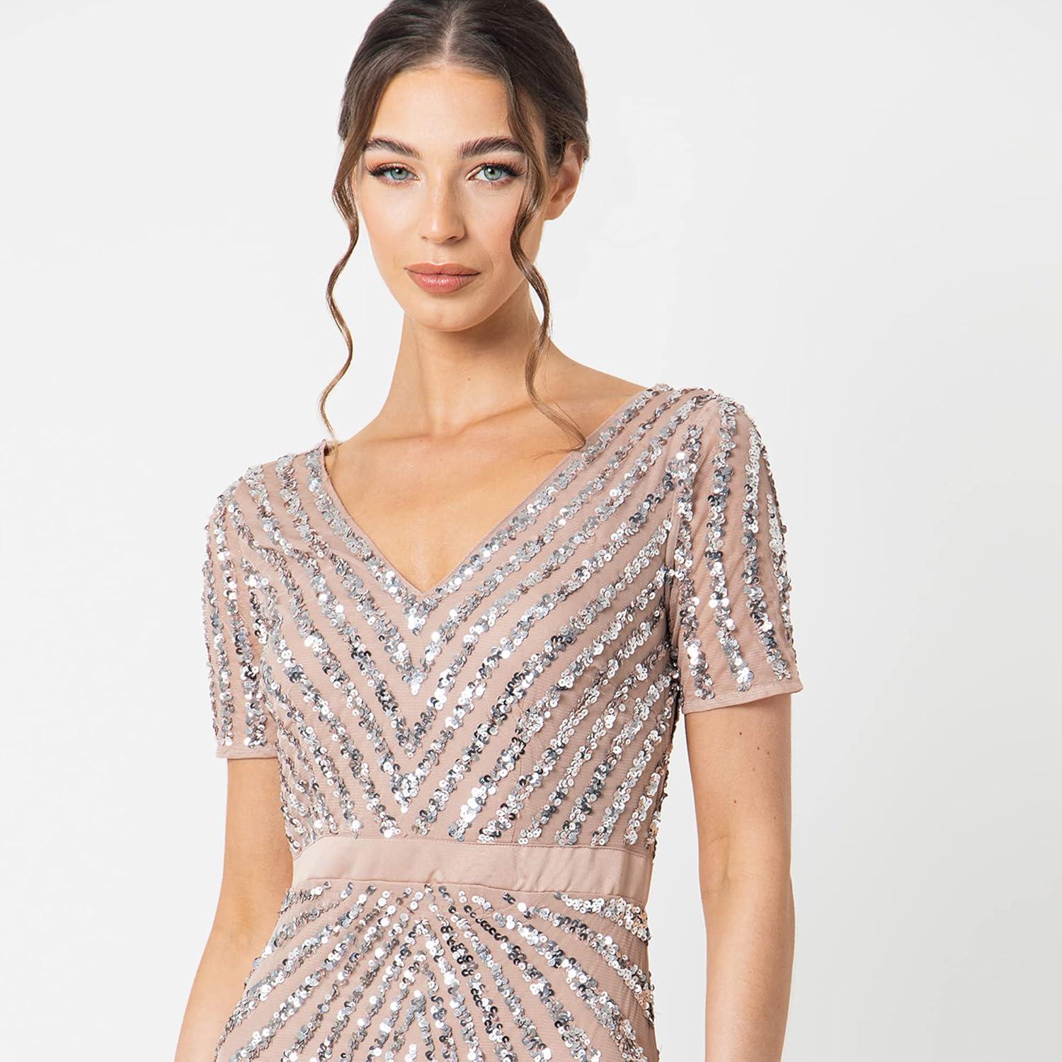 imageMaya Deluxe Robe de Soire Femme Maxi Paillettes Taille Haute Empire Col V pour Bal de Promo Mariage MarieBlush Taupe