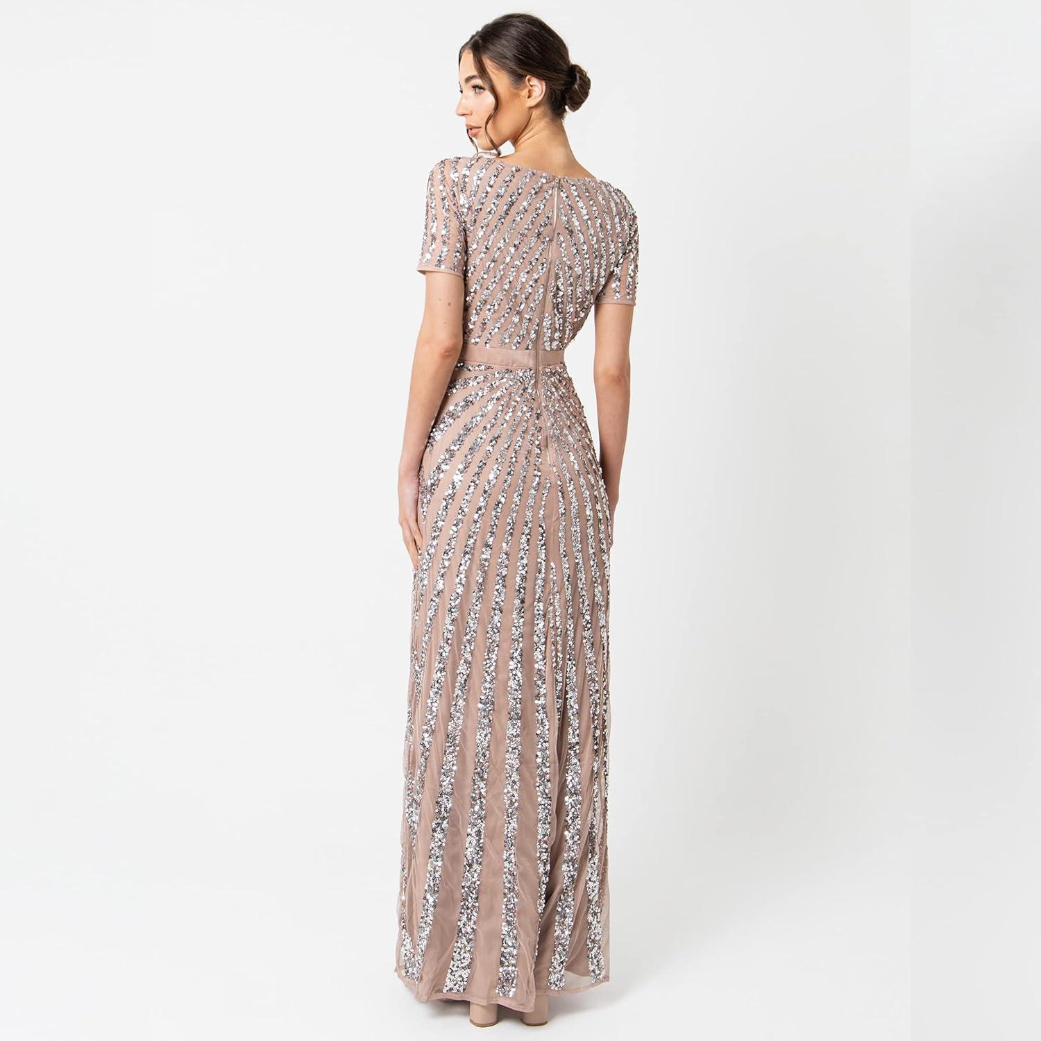imageMaya Deluxe Robe de Soire Femme Maxi Paillettes Taille Haute Empire Col V pour Bal de Promo Mariage MarieBlush Taupe