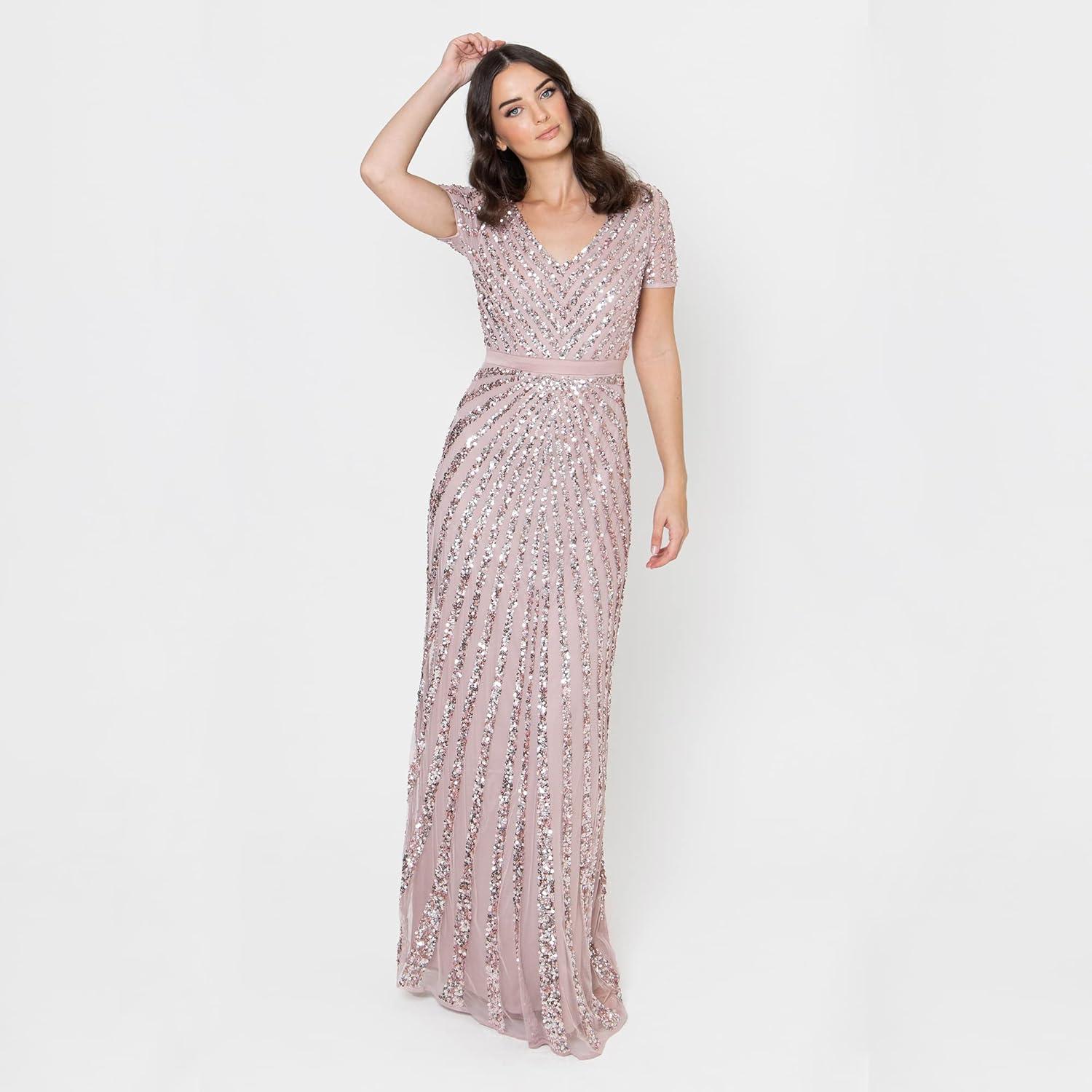 imageMaya Deluxe Robe de Soire Femme Maxi Paillettes Taille Haute Empire Col V pour Bal de Promo Mariage MarieFrosted Pink