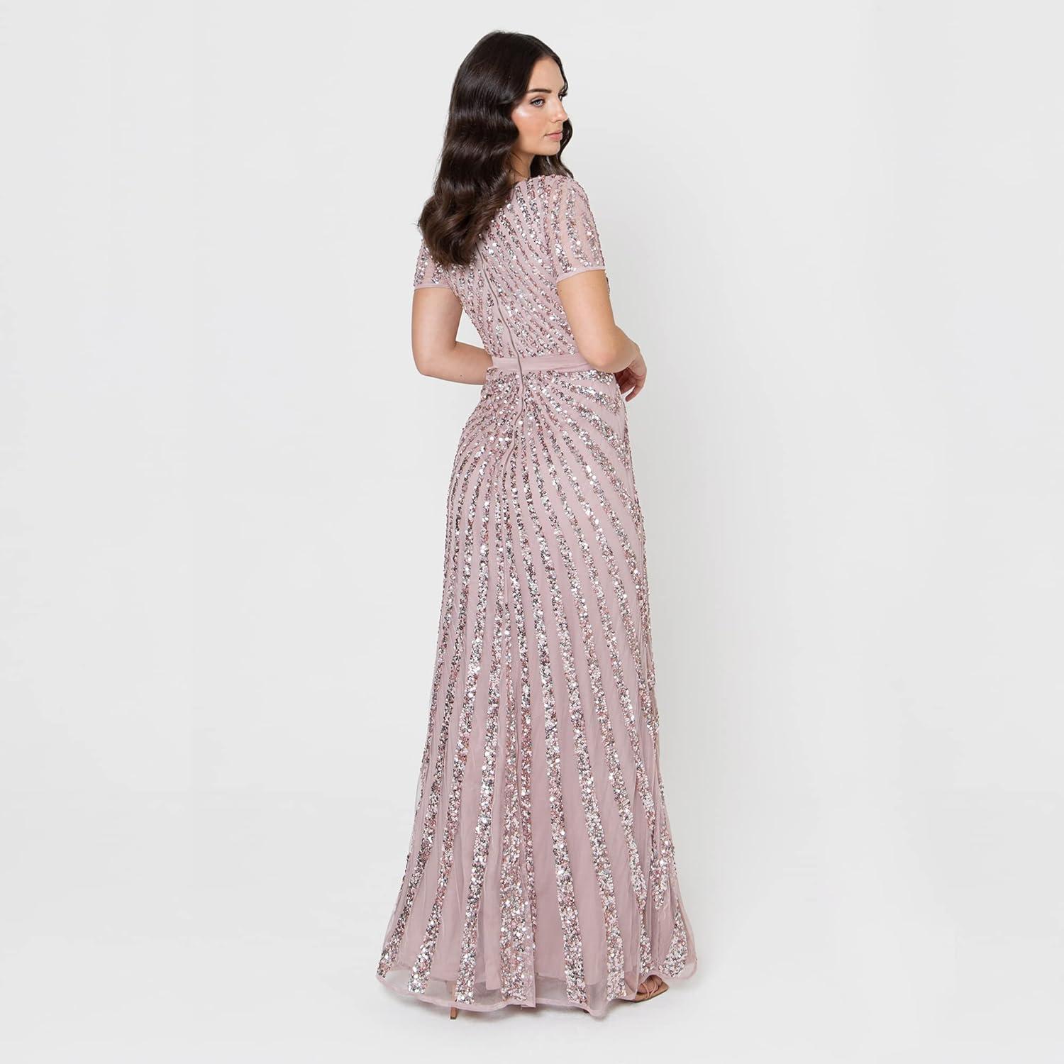 imageMaya Deluxe Robe de Soire Femme Maxi Paillettes Taille Haute Empire Col V pour Bal de Promo Mariage MarieFrosted Pink