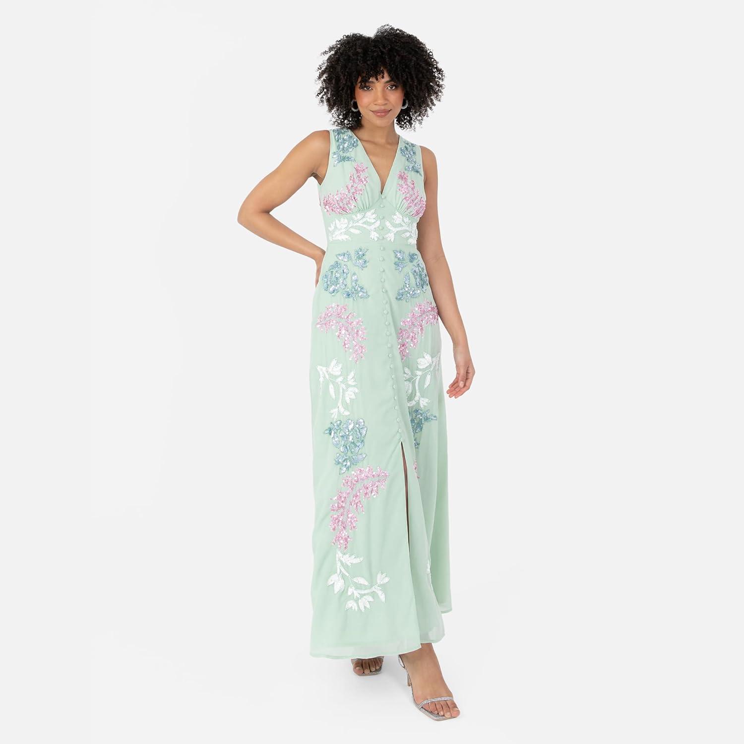 imageMaya Deluxe Womens Ladies Maxi Dress VNeckline Sleeveless Floral Sequin Embellished Button Front Slit for Wedding Guest Occasion Robe FemmeMint Green