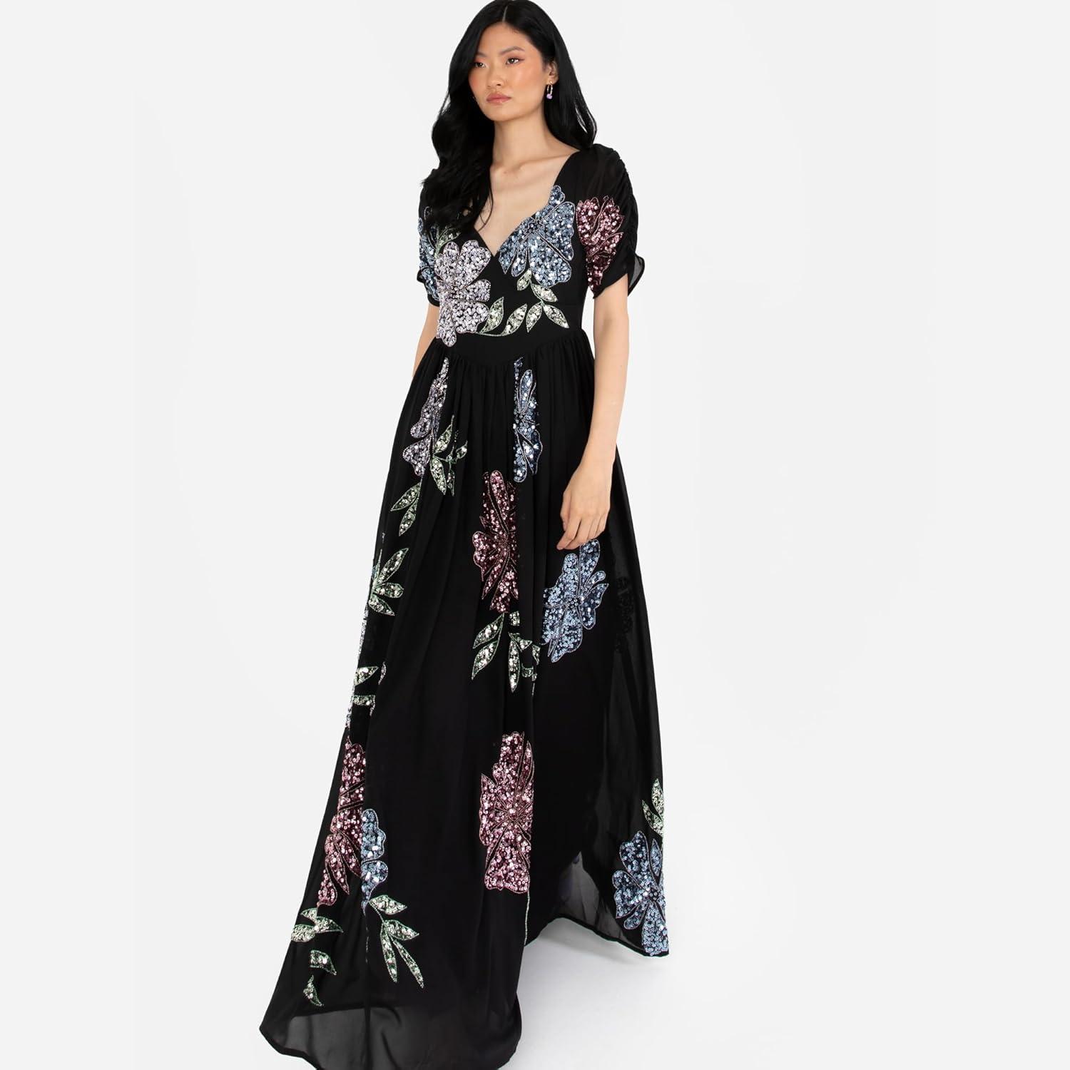 imageMaya Deluxe Womens Maxi Dress Ladies Embellished Floral Sweetheart Neckline for Wedding Guest Bridesmaid Occasion Prom Ball Gown Robes FemmeNoir