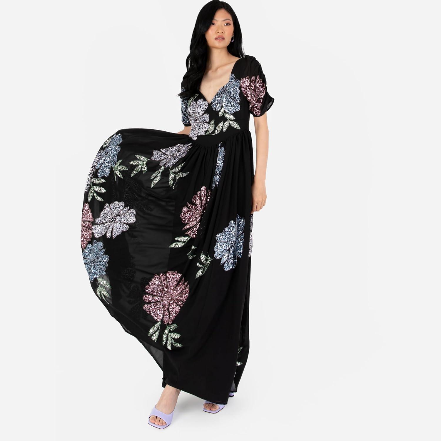 imageMaya Deluxe Womens Maxi Dress Ladies Embellished Floral Sweetheart Neckline for Wedding Guest Bridesmaid Occasion Prom Ball Gown Robes FemmeNoir