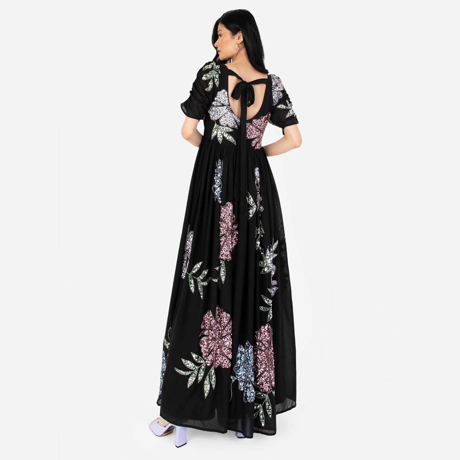 imageMaya Deluxe Womens Maxi Dress Ladies Embellished Floral Sweetheart Neckline for Wedding Guest Bridesmaid Occasion Prom Ball Gown Robes FemmeNoir