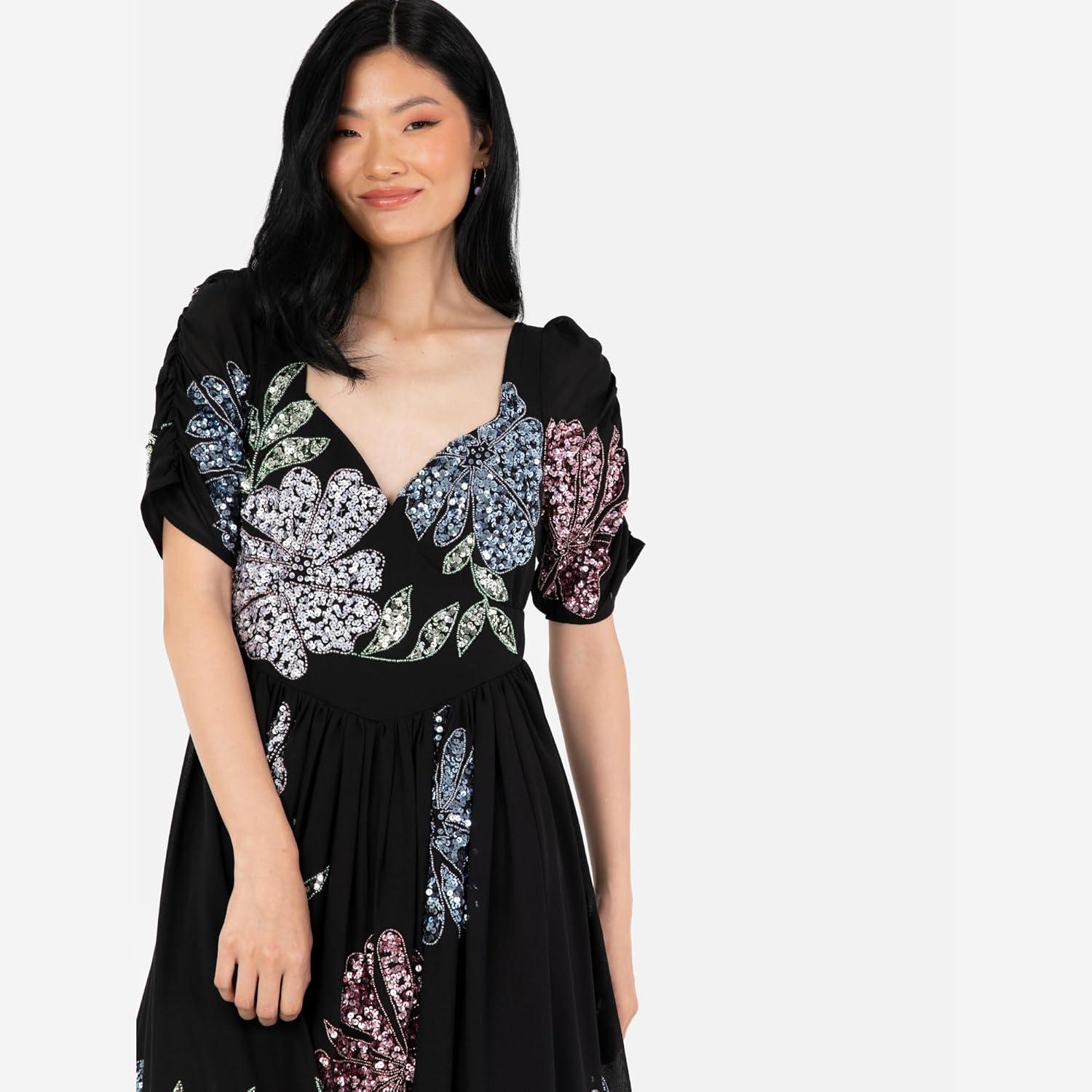 imageMaya Deluxe Womens Maxi Dress Ladies Embellished Floral Sweetheart Neckline for Wedding Guest Bridesmaid Occasion Prom Ball Gown Robes FemmeNoir