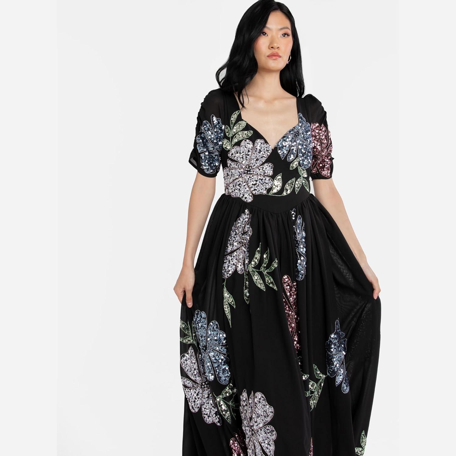 imageMaya Deluxe Womens Maxi Dress Ladies Embellished Floral Sweetheart Neckline for Wedding Guest Bridesmaid Occasion Prom Ball Gown Robes FemmeNoir
