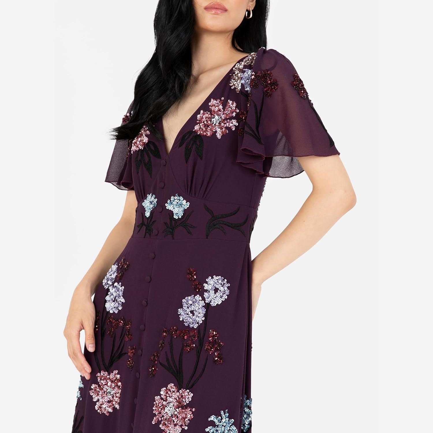imageMaya Deluxe Womens Maxi Dress Ladies Embroidered Sequin Embellished Button Front Split for Wedding Guest Bridesmaid Prom Evening Robes