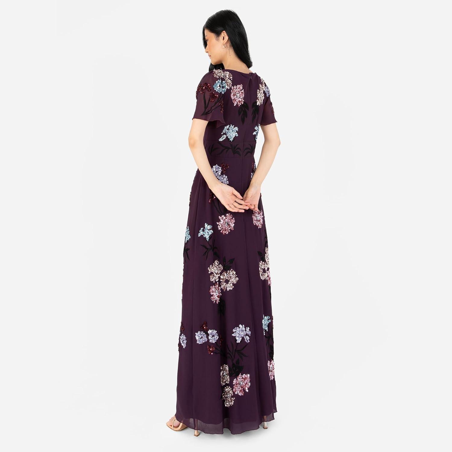 imageMaya Deluxe Womens Maxi Dress Ladies Embroidered Sequin Embellished Button Front Split for Wedding Guest Bridesmaid Prom Evening Robes