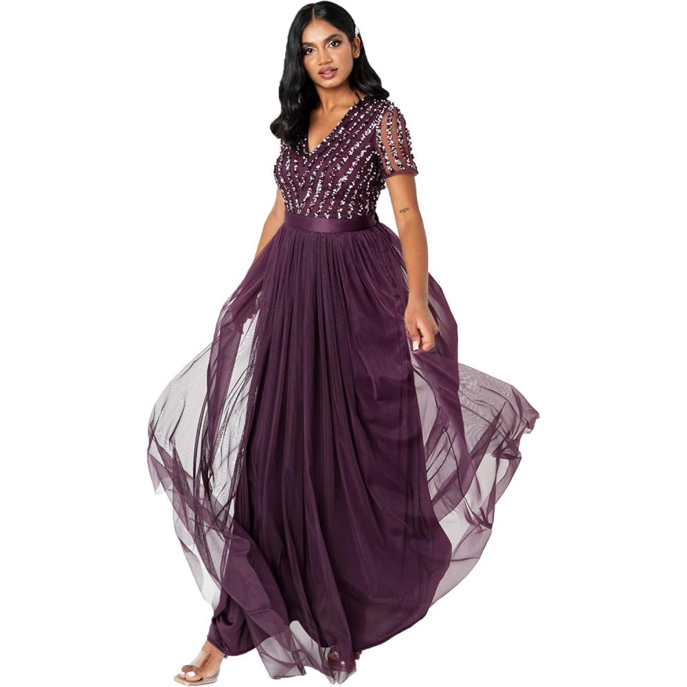 imageMaya Deluxe Maya Deluxe Misty Green Robe Longue  Rayures  Manches Courtes Robe de Demoiselle dhonneur FemmeBaie