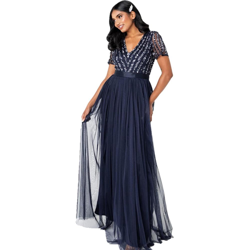 imageMaya Deluxe Maya Deluxe Misty Green Robe Longue Rayures Manches Courtes Robe de Demoiselle dhonneur FemmeBleu Marine