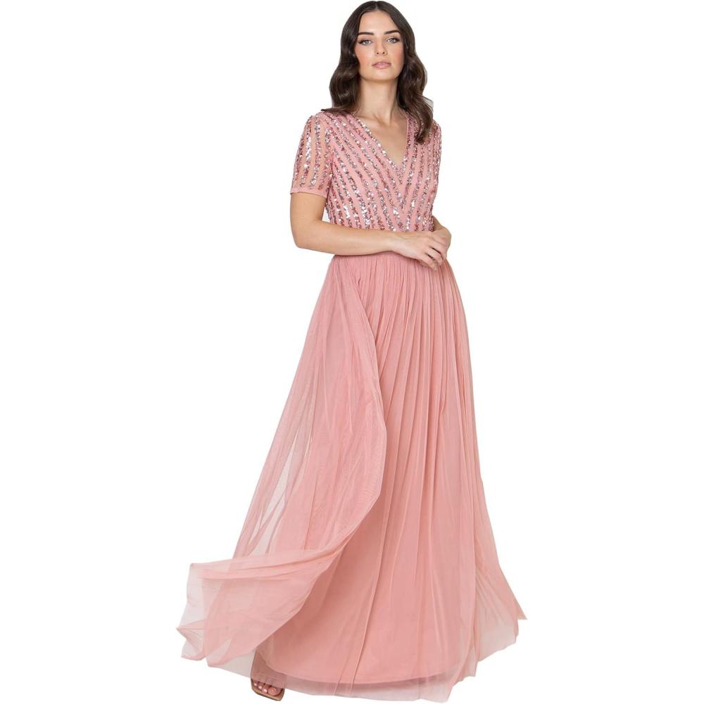 imageMaya Deluxe Maya Deluxe Misty Green Robe Longue Rayures Manches Courtes Robe de Demoiselle dhonneur FemmeBlossom