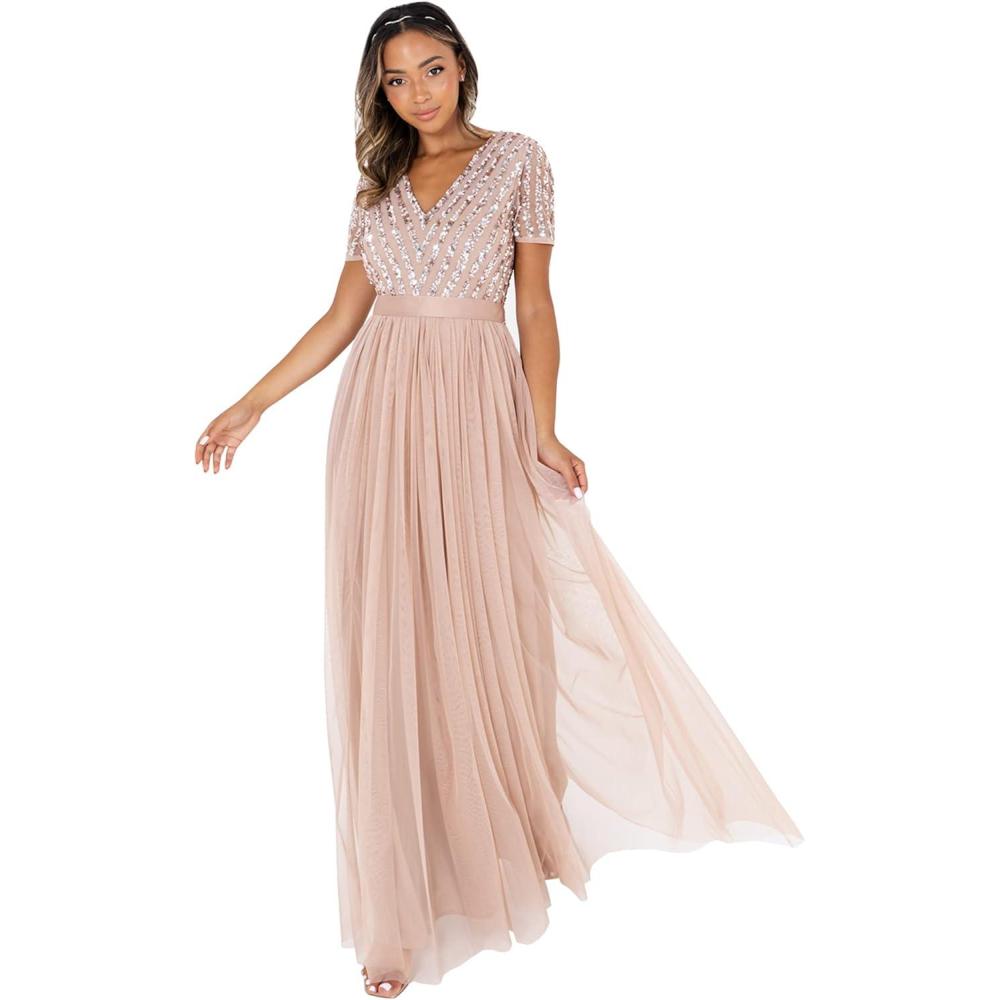 imageMaya Deluxe Maya Deluxe Misty Green Robe Longue Rayures Manches Courtes Robe de Demoiselle dhonneur FemmeBlush Taupe