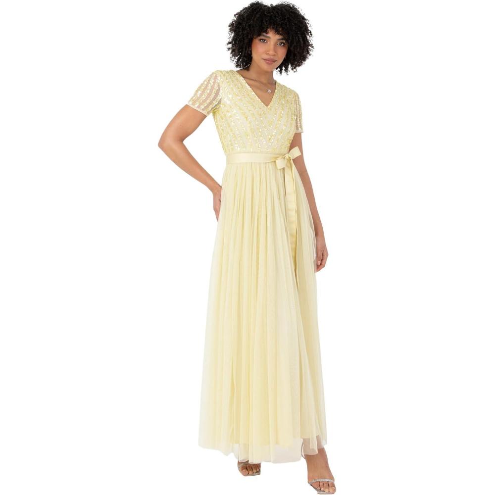 imageMaya Deluxe Maya Deluxe Misty Green Robe Longue Rayures Manches Courtes Robe de Demoiselle dhonneur FemmeCitron