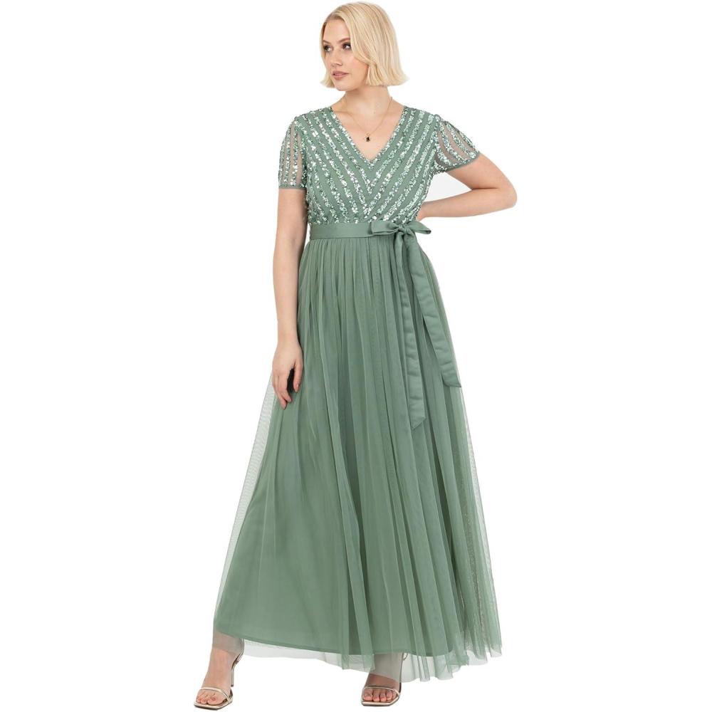 imageMaya Deluxe Maya Deluxe Misty Green Robe Longue Rayures Manches Courtes Robe de Demoiselle dhonneur FemmeDeep Mint